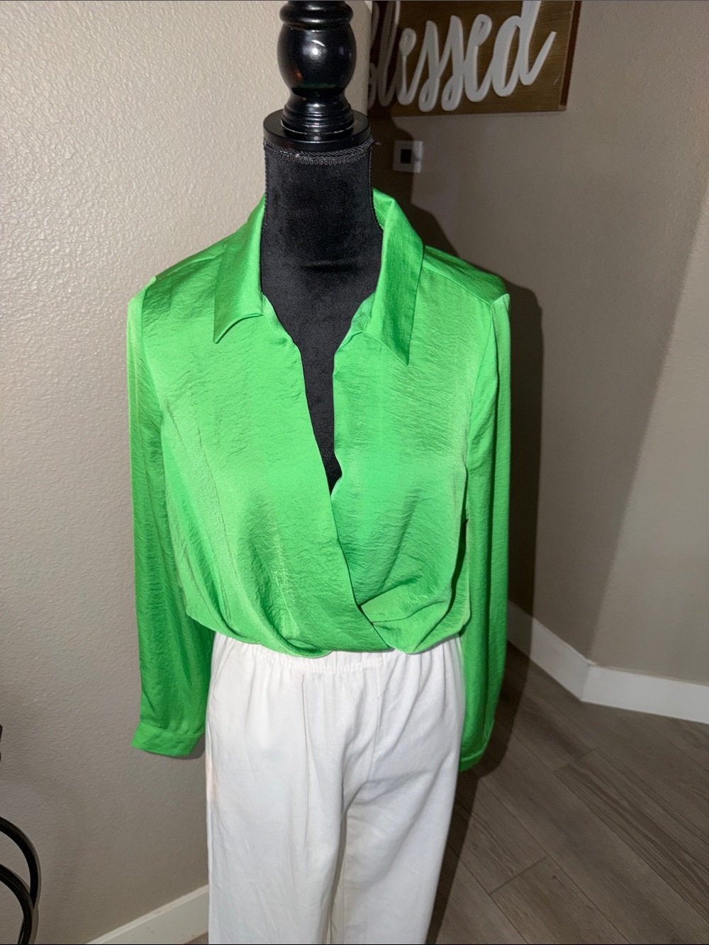 Love Tree Bright Green Long Sleeve Surplice Blouse